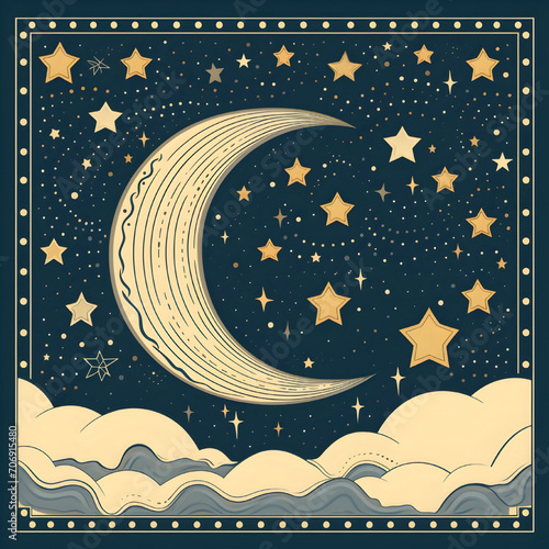 A moon and star pattern in naive style illustation with r
