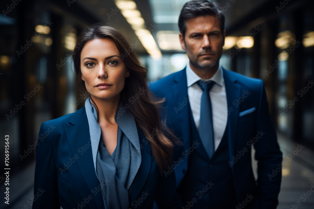 Business partners in an urban setting on their way to office . Businessman and businesswoman outside Business partners in an urban setting on their way to office . Businessman and businesswoman outside