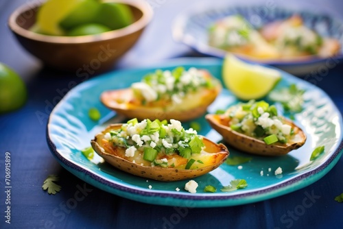 zesty potato skins with lime zest and cilantro on a blue plate © primopiano