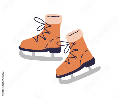 Ice skates pair. Figure skating boots, laced shoes with blades, fur. Skaters footwear for winter rink sport. Flat vector illustration isolated on white background