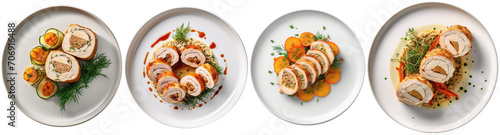 Chicken roulade neatly dressed on a plate, top view photo