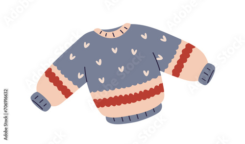 Knitted wool sweater. Warm soft woolen pullover. Winter clothes, knitwear with print, pattern. Cozy garment for cold weather, season. Flat vector illustration isolated on white background