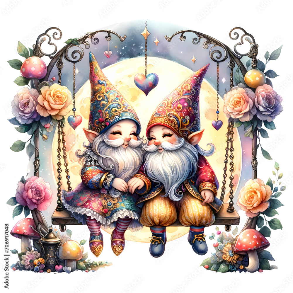 Valentine Pastel Gnome Couple Under The moonlight, Valentine Watercolor Illustrations, Ai illustration. Transparent background, png