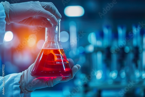 Close up hand of scientist holding flask with lab glassware in chemical laboratory background, science laboratory research and development concept photo