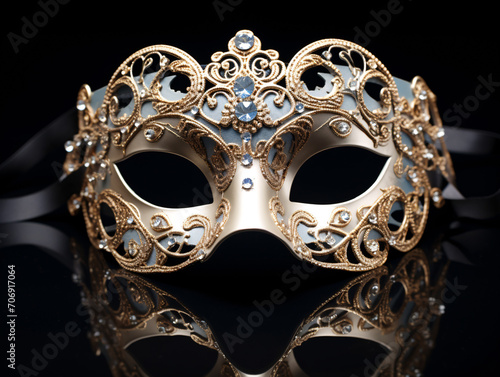 a gold and silver mask with diamonds