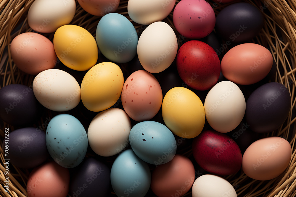 Close-up of various colorful eggs nestled in a woven basket. Concept for Easter celebrations, diversity, or creative projects. Close-up of various colorful eggs nestled in a woven basket. Concept for Easter celebrations, diversity, or creative projects.