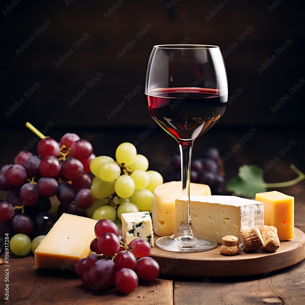 Glass of red wine with cheese, grapes and crackers on wooden background