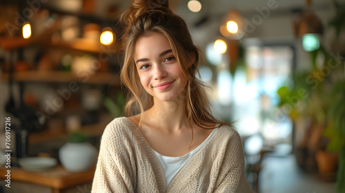 A cheerful party photographer, natural sunlight pouring in, dressed in a casual yet stylish outfit