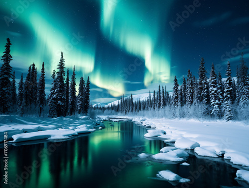 a river with snow and trees and green lights in the sky