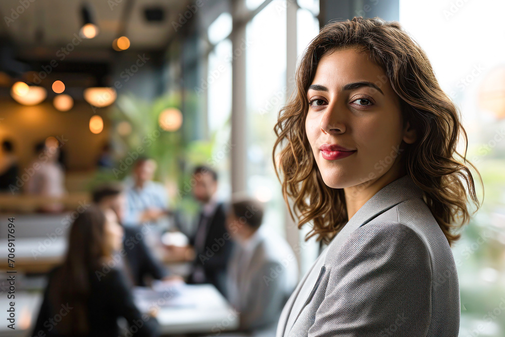 Naklejka premium confident business leader looking at camera and standing in an office at team meeting. Portrait of confident businesswoman with colleagues in boardroom.