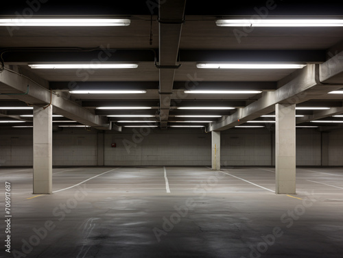a empty parking garage with lights