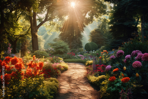 Emerald trees waltz, orange blossoms burst, a garden alive with hues, kissed by lens flares' playful embrace