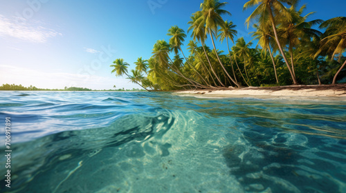 Turquoise waves embrace an isle  palm-clad  a serene haven where tranquility dances in the breeze