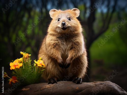a furry animal standing on a log with flowers