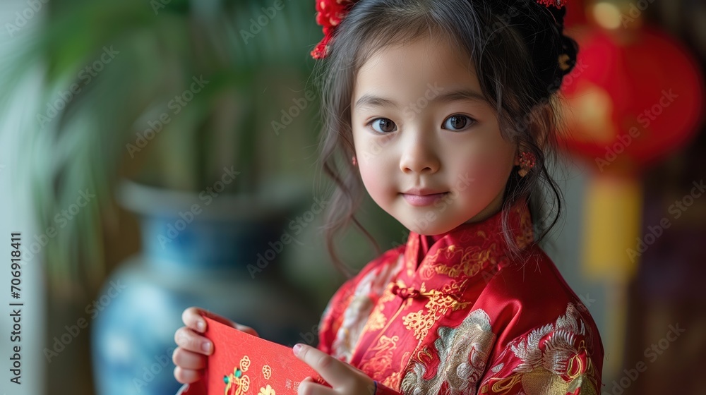 A cute little girl wearing a cheongsam holds a red envelope on Chinese New Year. A cute little girl wearing a cheongsam holds a red envelope on Chinese New Year.