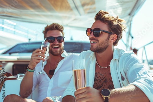 friend drinking champagne while having party in yacht photo