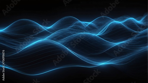 Electronic frequency waves visualization thru blue neon glowing lines on plain black background from Generative AI