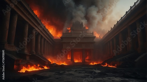 Burning halls of palace in hell with lava and smoke from Generative AI