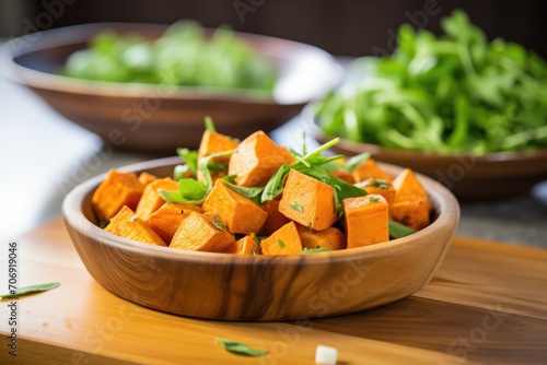 sweet potato cubes with arugula in a wooden serving dish