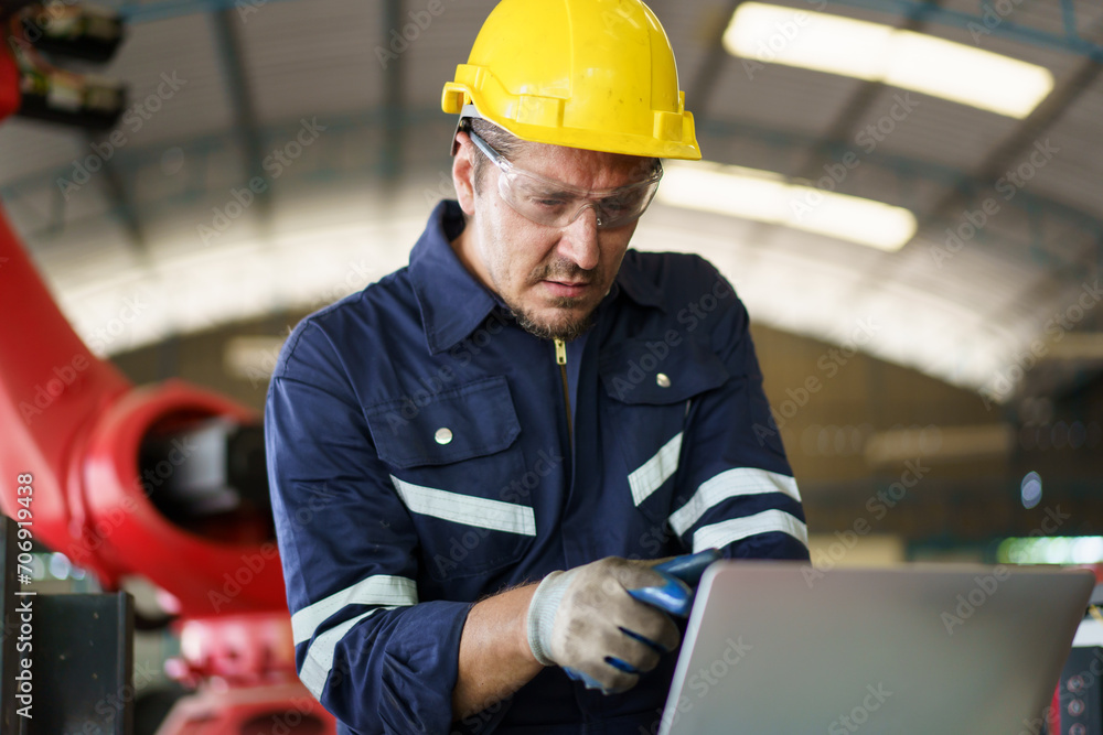 Robotic technician repairing - fixing a automated machine. Robotic technician repairing - fixing a automated machine.