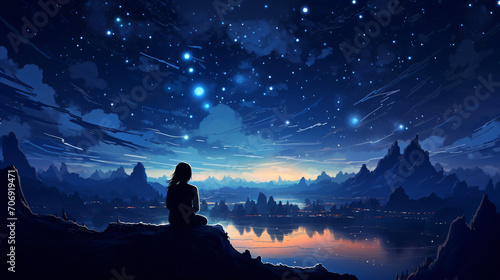The girl is sitting and watching the starry sky