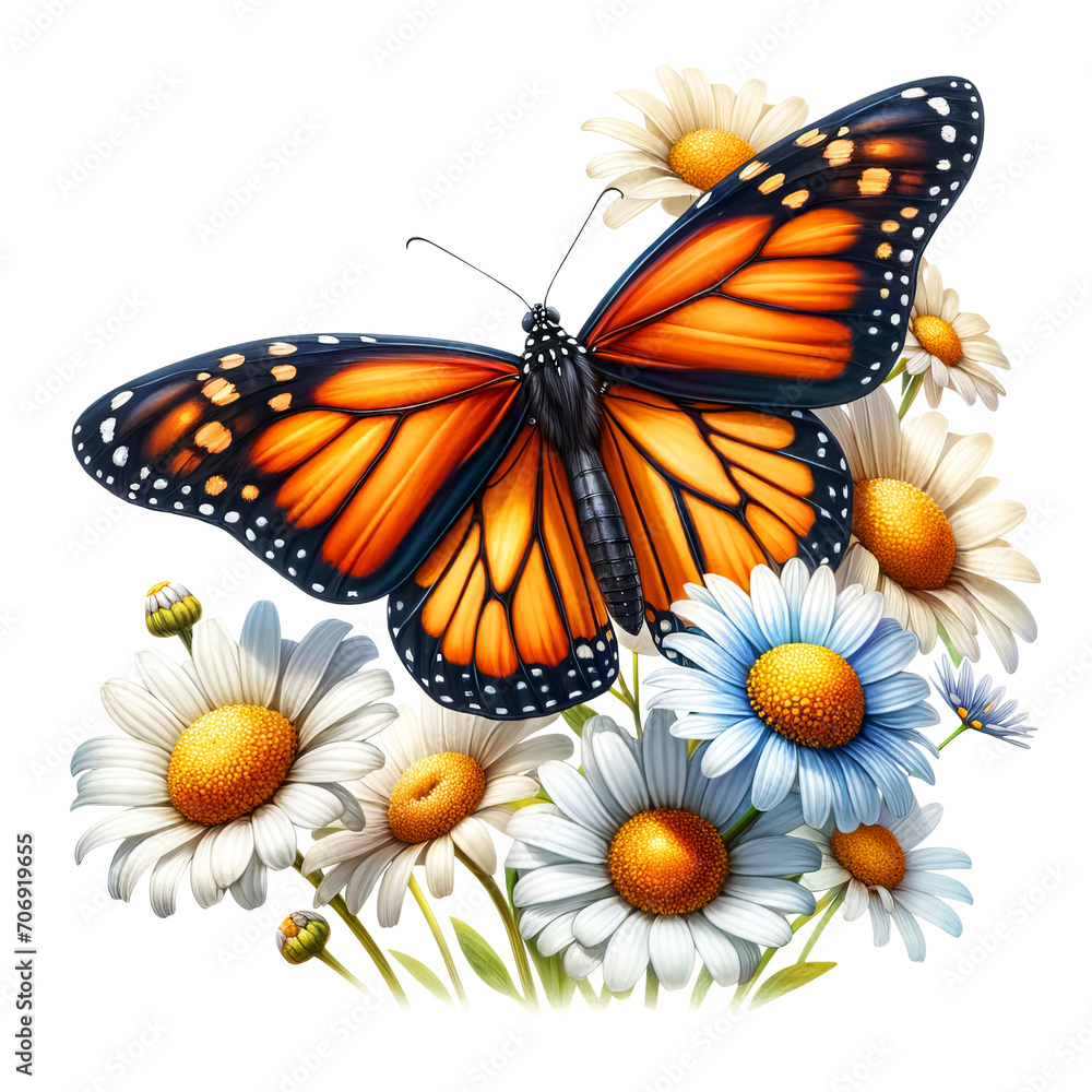 Monarch Butterfly with Daisy Clipart Transparent Background, Butterfly with Flowers Clipart.
