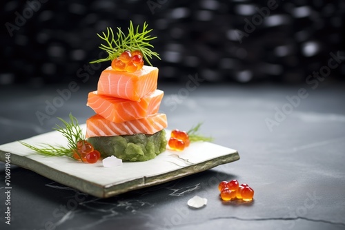 salmon sashimi tower on a slate with dill sprigs, elegance