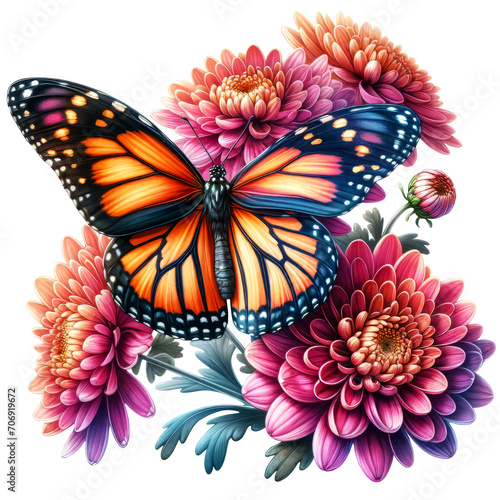 Monarch Butterfly with Chrysanthemum Clipart Transparent Background, Butterfly with Flowers Clipart. 