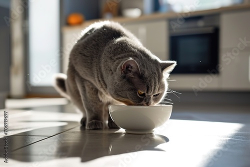 very fat gray cat british shorthair cat eating from a white bowl in a sunlit kitchen, embodying calm domestic life