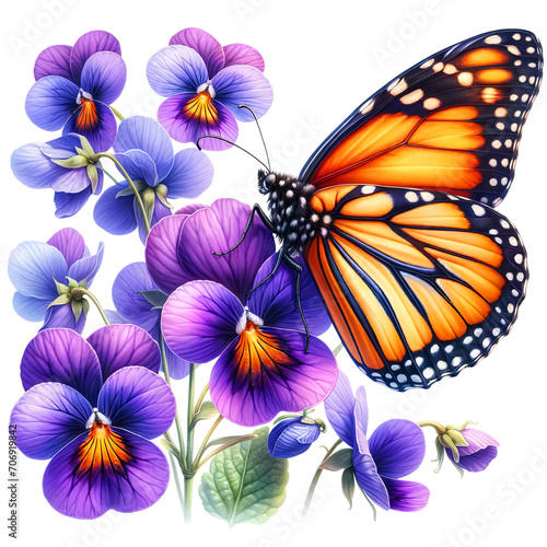 Monarch Butterfly with Viola Odorata Clipart Transparent Background, Butterfly with Flowers Clipart. 