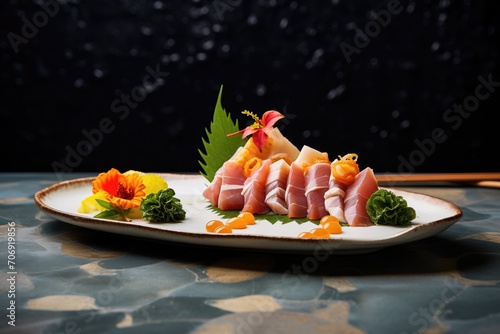 sashimi and sushi combo plate with green leaves