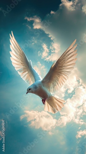 White bird flying in the sky. Vertical background 