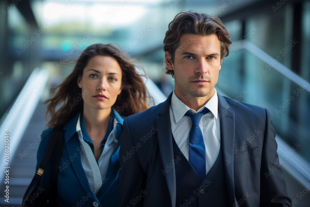 Business partners in an urban setting on their way to office . Businessman and businesswoman outside Business partners in an urban setting on their way to office . Businessman and businesswoman outside