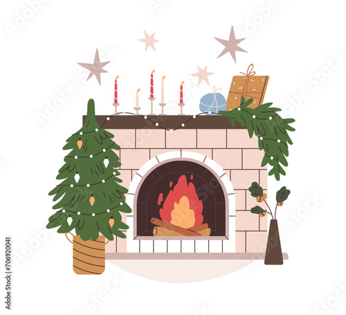 Christmas fireplace decorated with winter holiday ornament. Warm fire, fireside with Xmas fir tree, festive decorations, candles, gifts. Flat vector illustration isolated on white background