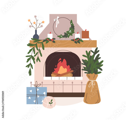 Cozy Christmas fireplace. Fireside decorated with Xmas ornament, winter holiday decorations. Warm fire place with festive candles, wreath, gifts. Flat vector illustration isolated on white background