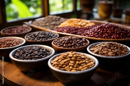 Drinks and food concept. Set of various coffee beans background with copy space. Various roasted beans placed on counter. Food background with copy space © Rytis