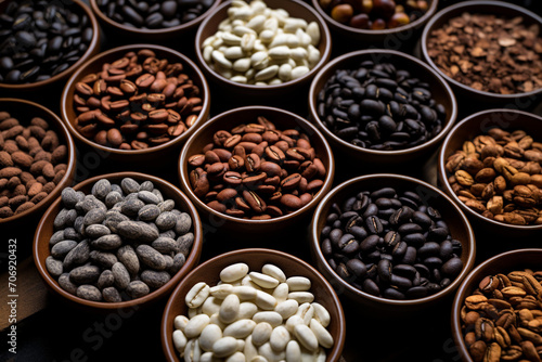 Drinks and food concept. Set of various coffee beans background with copy space. Various roasted beans placed on counter. Food background with copy space