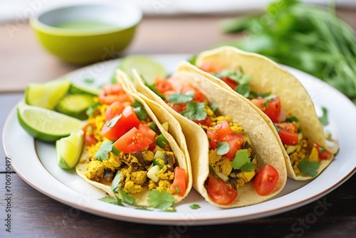tofu scramble tacos with lime wedges and cilantro