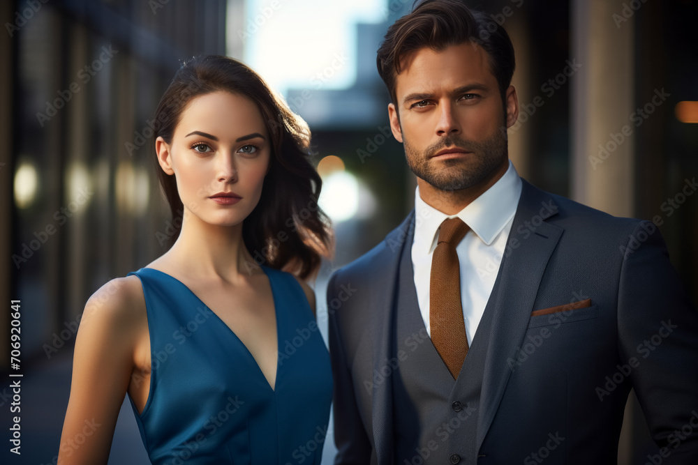 Business partners in an urban setting on their way to office . Businessman and businesswoman outside Business partners in an urban setting on their way to office . Businessman and businesswoman outside