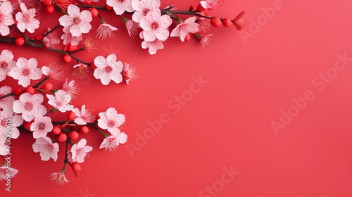 Banner with flowers on red background. Greeting card template for Wedding, mothers or woman's day.