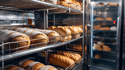 bread bakery with baked loafs in shelfs of commercial kitchen concept of bread baking production manufacture business and modern technology.