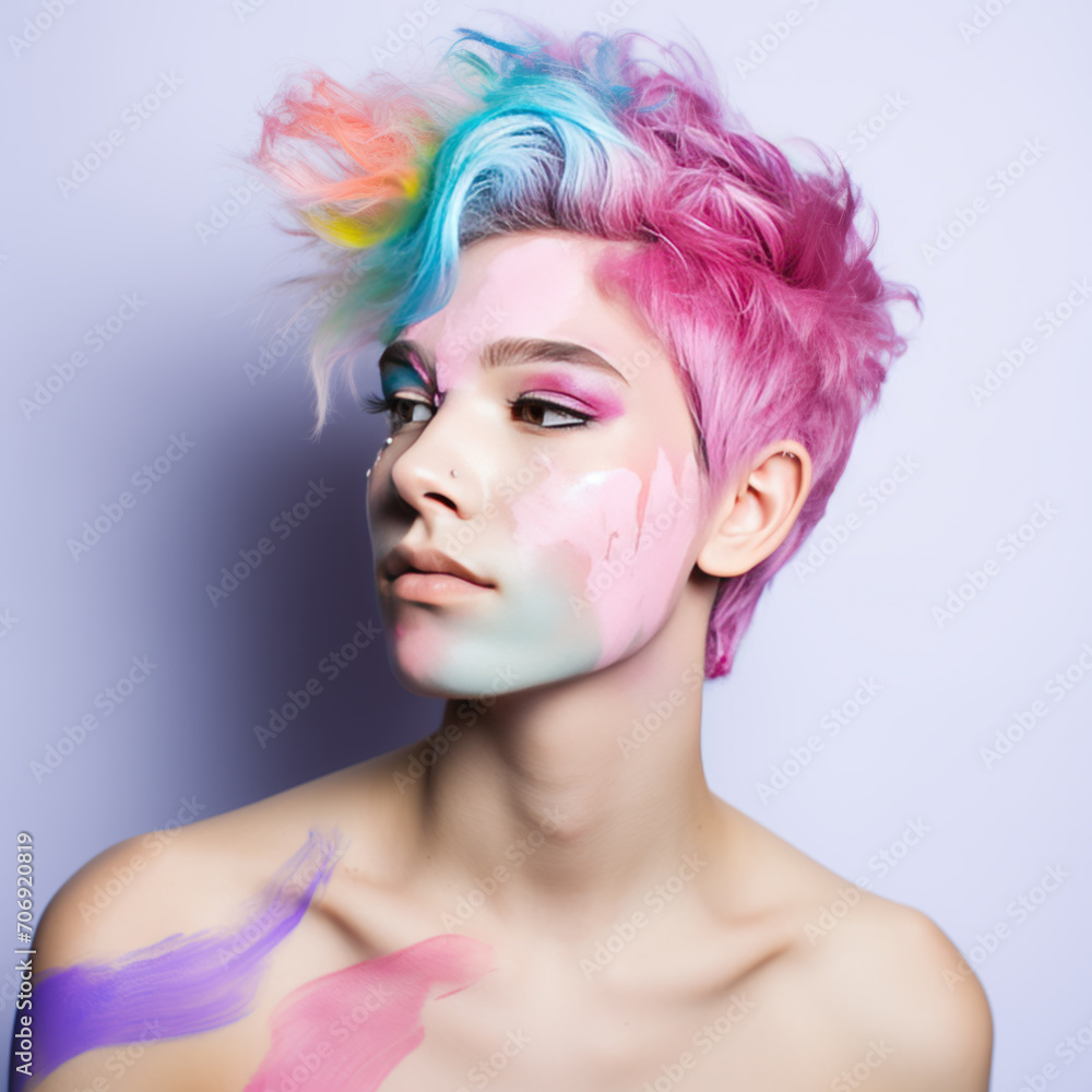 Fototapeta premium Attractive girl and rainbow colors on her face. LGBT social issues concept