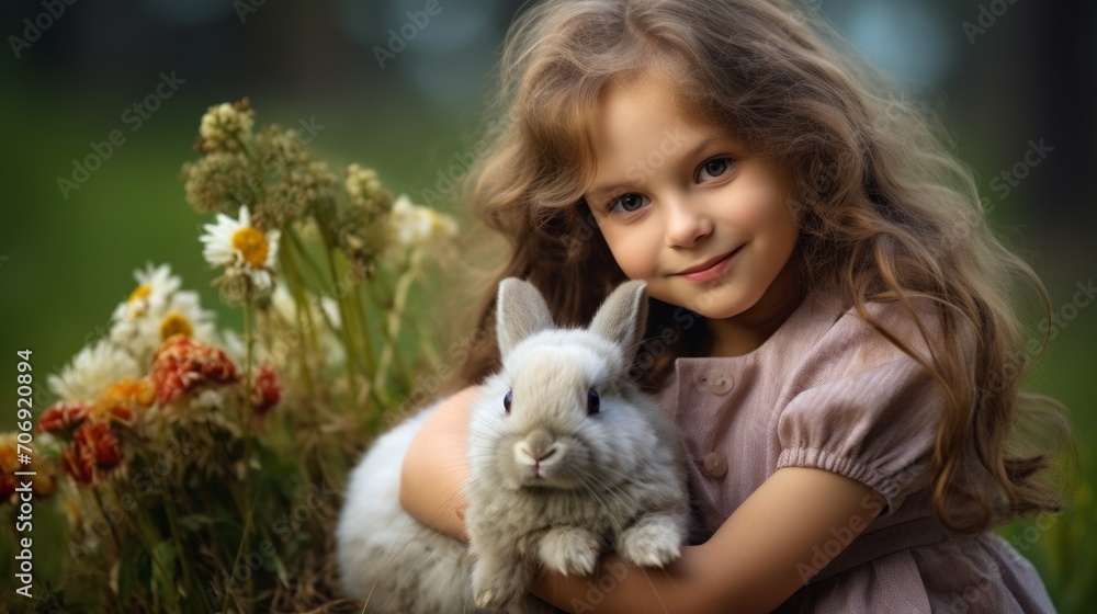 Portrait of a beautiful smiling girl with a big cute bunny in nature. Spring, summer, Easter, holiday concepts. Portrait of a beautiful smiling girl with a big cute bunny in nature. Spring, summer, Easter, holiday concepts.
