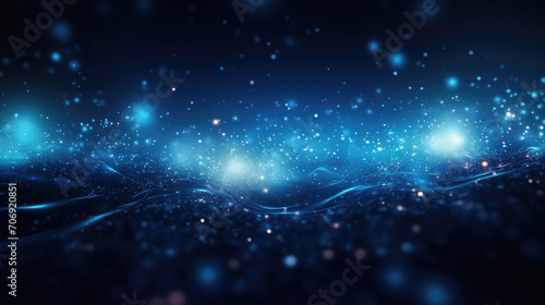 Blue abstract background with lights floating in the darkness, in the style of pointillist dots and dashes, digital gradient blends, black background, cybernetic sci-fi, futuristic chromatic waves © tunyamai