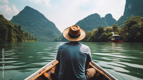 Rear view of man paddling the wooden boat photo