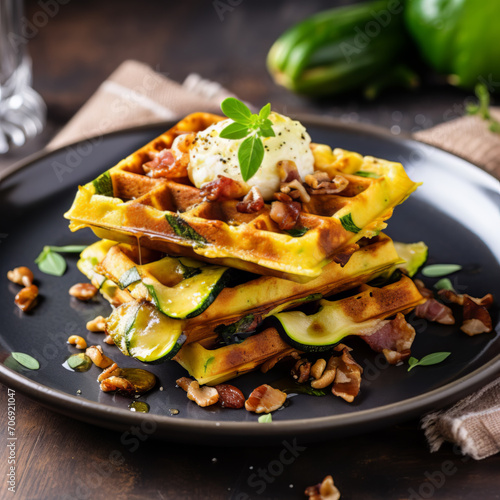 Zucchini waffles with poached egg