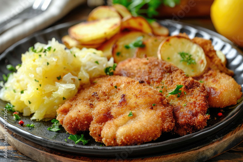 A schnitzel with a side of tangy sauerkraut and crispy potatoes