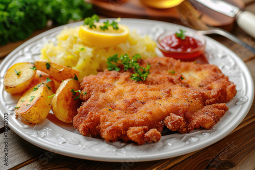 A schnitzel with a side of tangy sauerkraut and crispy potatoes