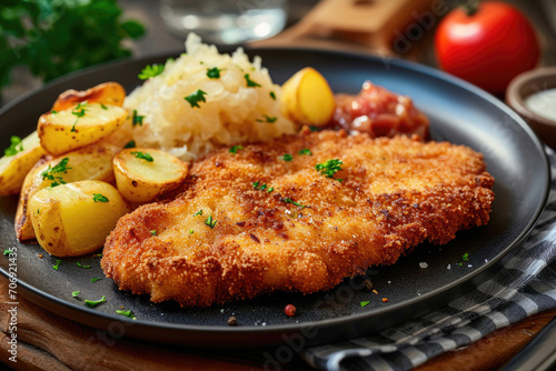 A schnitzel with a side of tangy sauerkraut and crispy potatoes