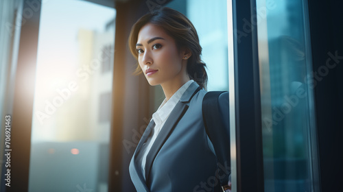 Young beautiful asian business woman walking to office building 
